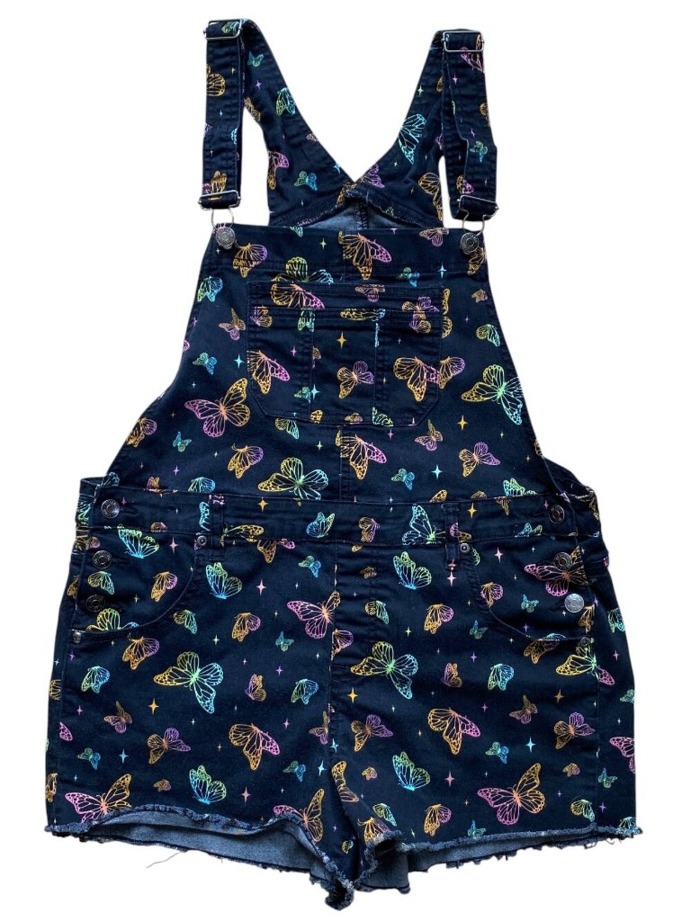 Hot Topic HT Denim Y2K Rainbow Butterfly Shortalls Black Goth Grunge Raw Hem-16